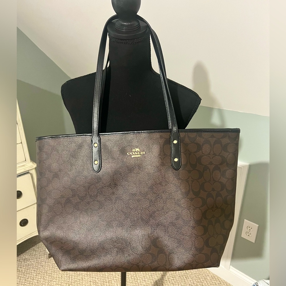 Coach Brown & Black Monogram Large Tote Canvas Bag Women's Handbag NWOT